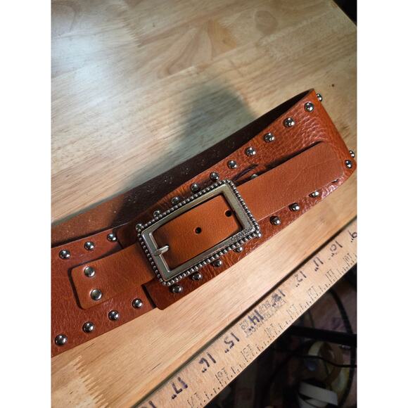 Calvin Klein Brown Genuine Leather Studded Belt Silver Toned Hardware 38" - Picture 5 of 9